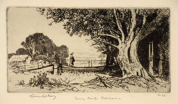 Artist: b'LINDSAY, Lionel' | Title: b'Swing bridge, Balhanna, South Australia' | Date: 1920 | Technique: b'etching, printed in black ink, from one plate' | Copyright: b'Courtesy of the National Library of Australia' Artist: b'LINDSAY, Lionel' | Title: b'Swing bridge, Balhanna, South Australia' | Date: 1920 | Technique: b'etching, printed in black ink, from one plate' | Copyright: b'Courtesy of the National Library of Australia'
