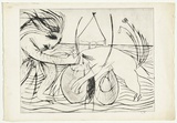 Artist: BOYD, Arthur | Title: Figure with beast and moth over water. | Date: (1968-69) | Technique: drypoint, printed in black ink, from one plate | Copyright: Reproduced with permission of Bundanon Trust