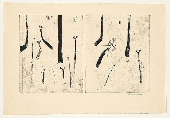 Artist: b'WILLIAMS, Fred' | Title: b'Ferns diptych. Number 2' | Date: 1971 | Technique: b'aquatint, foul biting, flat biting, engraving, rough biting, etching, electric hand engraving tool, printed in black ink, from two zinc plates' | Copyright: b'\xc2\xa9 Fred Williams Estate' Artist: b'WILLIAMS, Fred' | Title: b'Ferns diptych. Number 2' | Date: 1971 | Technique: b'aquatint, foul biting, flat biting, engraving, rough biting, etching, electric hand engraving tool, printed in black ink, from two zinc plates' | Copyright: b'\xc2\xa9 Fred Williams Estate'