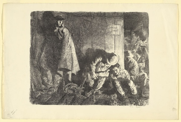 Artist: b'Dyson, Will.' | Title: b'Tommies staging in the tunnels.' | Date: 1918 | Technique: b'lithograph, printed in black ink, from one stone' Artist: b'Dyson, Will.' | Title: b'Tommies staging in the tunnels.' | Date: 1918 | Technique: b'lithograph, printed in black ink, from one stone'