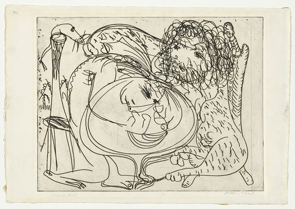 Artist: b'BOYD, Arthur' | Title: b'Seated lion and potter.' | Date: (1968-69) | Technique: b'etching, printed in black ink, from one plate' | Copyright: b'Reproduced with permission of Bundanon Trust' Artist: b'BOYD, Arthur' | Title: b'Seated lion and potter.' | Date: (1968-69) | Technique: b'etching, printed in black ink, from one plate' | Copyright: b'Reproduced with permission of Bundanon Trust'