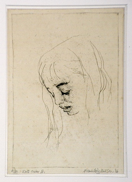 Artist: b'Hodgkinson, Frank.' | Title: b'Portrait of Kate Tudor' | Date: 1956 | Technique: b'hardground-etching, printed in black ink, from one plate' Artist: b'Hodgkinson, Frank.' | Title: b'Portrait of Kate Tudor' | Date: 1956 | Technique: b'hardground-etching, printed in black ink, from one plate'
