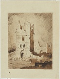 Artist: Lindsay, Daryl. | Title: (Bombed church). | Date: c.1920 | Technique: etching, printed in brown ink, from one plate; hand-coloured