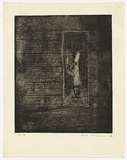 Artist: b'WILLIAMS, Fred' | Title: b'Cook and time clock' | Date: 1954-55 | Technique: b'etching and aquatint, printed in black ink, from one zinc plate' | Copyright: b'\xc2\xa9 Fred Williams Estate'