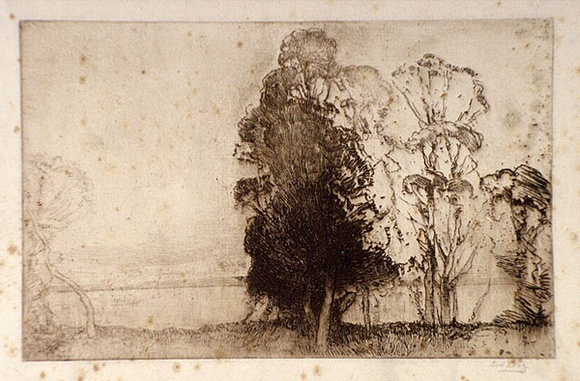 Artist: b'Long, Sydney.' | Title: b'Landscape, Gosford' | Date: 1928, before | Technique: b'line-etching, printed in brown ink from one copper plate' | Copyright: b'Reproduced with the kind permission of the Ophthalmic Research Institute of Australia' Artist: b'Long, Sydney.' | Title: b'Landscape, Gosford' | Date: 1928, before | Technique: b'line-etching, printed in brown ink from one copper plate' | Copyright: b'Reproduced with the kind permission of the Ophthalmic Research Institute of Australia'