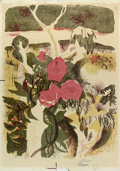 Artist: b'Wall, Edith.' | Title: b'Roses up a gum tree' | Date: 1959 | Technique: b'lithograph, printed in colour, from three aliminium plates' | Copyright: b'Courtesy of the artist' Artist: b'Wall, Edith.' | Title: b'Roses up a gum tree' | Date: 1959 | Technique: b'lithograph, printed in colour, from three aliminium plates' | Copyright: b'Courtesy of the artist'
