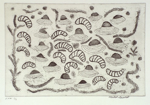Artist: b'Laurel, Mabel Papayi.' | Title: b'Two bush foods, mussels and witchetty grubs' | Date: 2001, August - September | Technique: b'etching, printed in black ink, from one plate' Artist: b'Laurel, Mabel Papayi.' | Title: b'Two bush foods, mussels and witchetty grubs' | Date: 2001, August - September | Technique: b'etching, printed in black ink, from one plate'