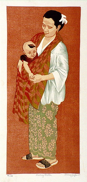 Artist: b'Griffin, Murray.' | Title: b'Malay mother' | Date: 1951 | Technique: b'linocut, printed in colour, from multiple blocks' Artist: b'Griffin, Murray.' | Title: b'Malay mother' | Date: 1951 | Technique: b'linocut, printed in colour, from multiple blocks'