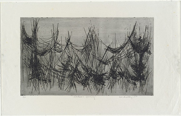 Artist: b'Buckley, Sue.' | Title: bArackne's spinning. | Date: 1965 | Technique: b'etching, printed in black ink with plate-tone, from one plate' | Copyright: b'This work appears on screen courtesy of Sue Buckley and her sister Jean Hanrahan' Artist: b'Buckley, Sue.' | Title: bArackne's spinning. | Date: 1965 | Technique: b'etching, printed in black ink with plate-tone, from one plate' | Copyright: b'This work appears on screen courtesy of Sue Buckley and her sister Jean Hanrahan'