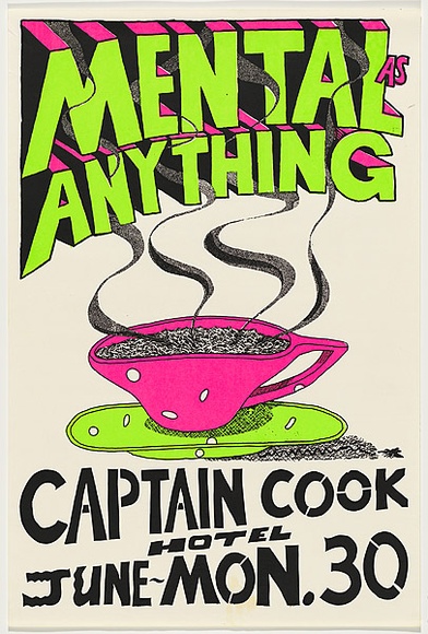 Artist: b'WORSTEAD, Paul' | Title: b'Mental as anything - Captain Cook' | Date: 1980 | Technique: b'screenprint, printed in colour, from three stencils' | Copyright: b'This work appears on screen courtesy of the artist' Artist: b'WORSTEAD, Paul' | Title: b'Mental as anything - Captain Cook' | Date: 1980 | Technique: b'screenprint, printed in colour, from three stencils' | Copyright: b'This work appears on screen courtesy of the artist'