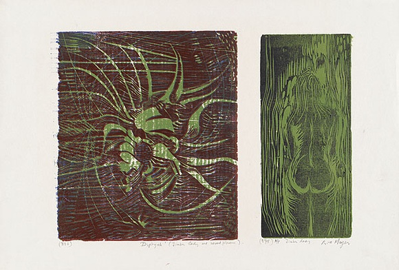 Artist: b'MEYER, Bill' | Title: b'Diptych timberlady and woodflowers' | Date: 1968 | Technique: b'woodcut, printed in colour, from multiple blocks' | Copyright: b'\xc2\xa9 Bill Meyer' Artist: b'MEYER, Bill' | Title: b'Diptych timberlady and woodflowers' | Date: 1968 | Technique: b'woodcut, printed in colour, from multiple blocks' | Copyright: b'\xc2\xa9 Bill Meyer'