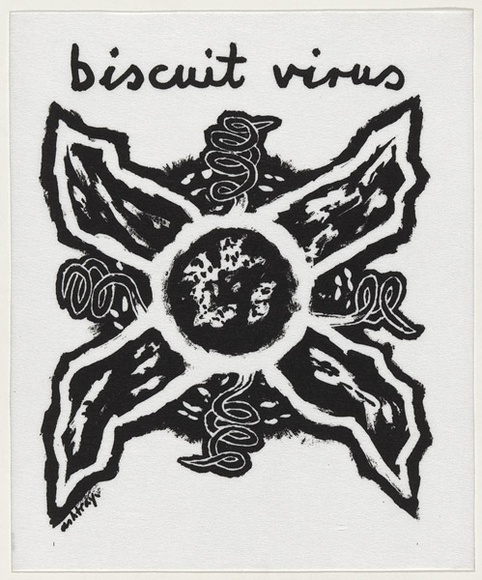 Artist: b'WORSTEAD, Paul' | Title: b'Biscuit virus' | Date: 1992 | Technique: b'screenprint, printed in black ink, from one stencil' | Copyright: b'This work appears on screen courtesy of the artist' Artist: b'WORSTEAD, Paul' | Title: b'Biscuit virus' | Date: 1992 | Technique: b'screenprint, printed in black ink, from one stencil' | Copyright: b'This work appears on screen courtesy of the artist'