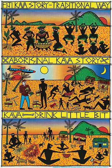 Artist: b'REDBACK GRAPHIX' | Title: b'Kava story.' | Date: 1988 | Technique: b'screenprint, printed in colour, from five stencils' | Copyright: b'\xc2\xa9 Michael Callaghan' Artist: b'REDBACK GRAPHIX' | Title: b'Kava story.' | Date: 1988 | Technique: b'screenprint, printed in colour, from five stencils' | Copyright: b'\xc2\xa9 Michael Callaghan'