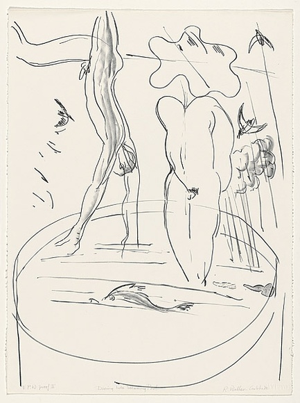 Artist: b'Wallace-Crabbe, Robin.' | Title: b'Diving into steaming pool' | Date: 1982 | Technique: b'lithograph, printed in black ink, from one stone' | Copyright: b'\xc2\xa9 Robin Wallace-Crabbe, Licensed by VISCOPY, Australia' Artist: b'Wallace-Crabbe, Robin.' | Title: b'Diving into steaming pool' | Date: 1982 | Technique: b'lithograph, printed in black ink, from one stone' | Copyright: b'\xc2\xa9 Robin Wallace-Crabbe, Licensed by VISCOPY, Australia'