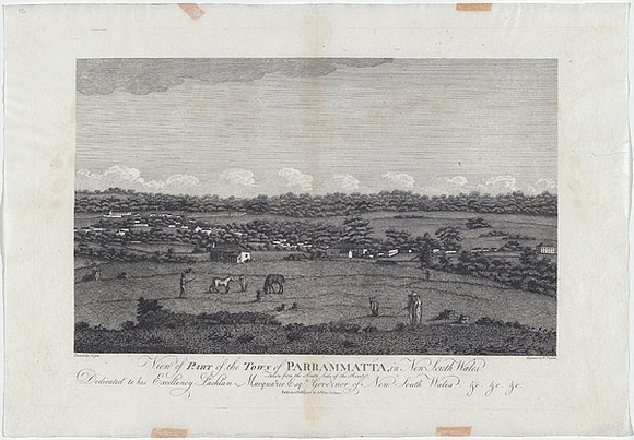 Title: b'View of part of the town of Parramatta in New South Wales. Taken from the south side of the river.' | Date: 1 February 1813 (published) | Technique: b'engraving, printed in black ink, from one copper plate' Title: b'View of part of the town of Parramatta in New South Wales. Taken from the south side of the river.' | Date: 1 February 1813 (published) | Technique: b'engraving, printed in black ink, from one copper plate'