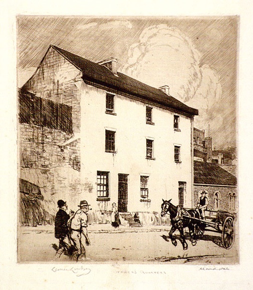 Artist: LINDSAY, Lionel | Title: Officers quarters, Kent Street | Date: 1912 | Technique: etching and drypoint, printed in brown ink, from one plate | Copyright: Courtesy of the National Library of Australia Artist: LINDSAY, Lionel | Title: Officers quarters, Kent Street | Date: 1912 | Technique: etching and drypoint, printed in brown ink, from one plate | Copyright: Courtesy of the National Library of Australia