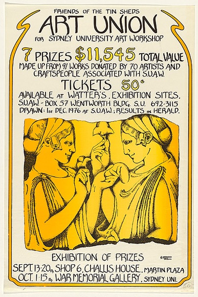 Artist: b'LITTLE, Colin' | Title: b'Friends of the Tin Sheds Art Union for Sydney University Art Workshop.' | Date: 1976 | Technique: b'screenprint, printed in colour, from two stencils' Artist: b'LITTLE, Colin' | Title: b'Friends of the Tin Sheds Art Union for Sydney University Art Workshop.' | Date: 1976 | Technique: b'screenprint, printed in colour, from two stencils'