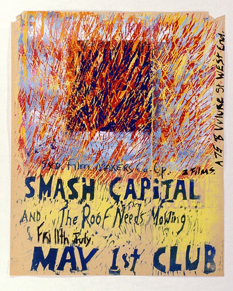 Artist: b'HOBBS, Ian' | Title: b'Syd. Film Makers Co-Op. 2 films Smash Capital and The Roof needs Mowing ... May 1st Club' | Date: 1980 | Technique: b'linocut, printed in colour, from multiple blocks' Artist: b'HOBBS, Ian' | Title: b'Syd. Film Makers Co-Op. 2 films Smash Capital and The Roof needs Mowing ... May 1st Club' | Date: 1980 | Technique: b'linocut, printed in colour, from multiple blocks'