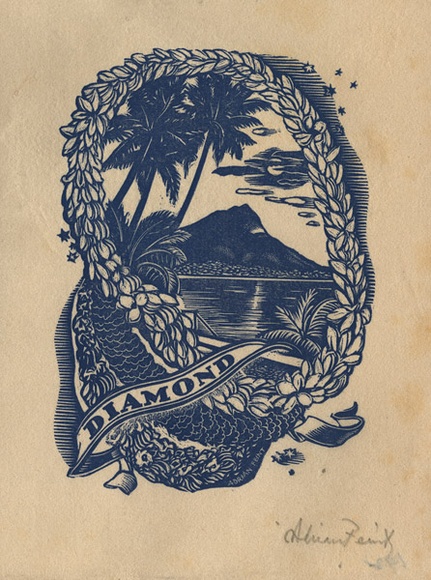 Artist: b'FEINT, Adrian' | Title: b'Bookplate: Diamond.' | Date: (1938) | Technique: b'wood-engraving, printed in blue ink, from one block' | Copyright: b'Courtesy the Estate of Adrian Feint' Artist: b'FEINT, Adrian' | Title: b'Bookplate: Diamond.' | Date: (1938) | Technique: b'wood-engraving, printed in blue ink, from one block' | Copyright: b'Courtesy the Estate of Adrian Feint'