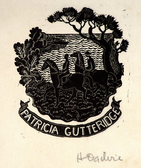 Artist: b'OGILVIE, Helen' | Title: b'not titled [Two young people on horses and two dogs, by water].' | Date: c.1942 | Technique: b'wood-engraving, printed in black ink, from one block'