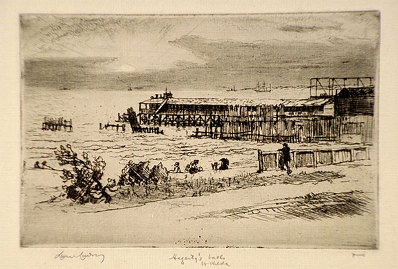 Artist: b'LINDSAY, Lionel' | Title: bHegarty's Baths, St Kilda. | Date: 1914 | Technique: b'etching and foul biting, printed in black ink with plate-tone, from one plate' | Copyright: b'Courtesy of the National Library of Australia' Artist: b'LINDSAY, Lionel' | Title: bHegarty's Baths, St Kilda. | Date: 1914 | Technique: b'etching and foul biting, printed in black ink with plate-tone, from one plate' | Copyright: b'Courtesy of the National Library of Australia'