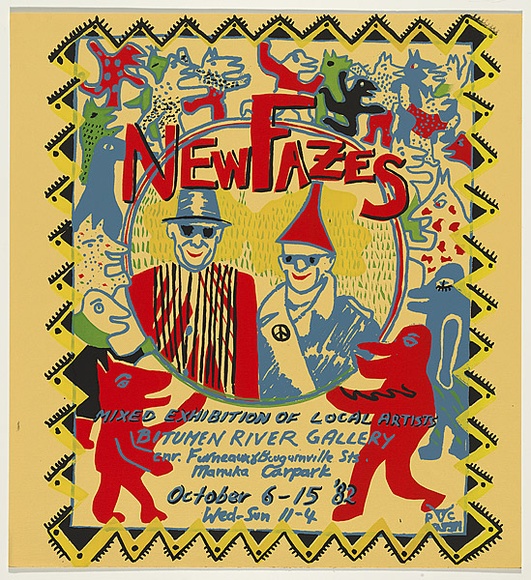 Artist: b'Ford, Paul.' | Title: b'New Fazes (sic) - Mixed exhibition of local artists.' | Date: 1982 | Technique: b'screenprint, printed in colour, from five stencils' Artist: b'Ford, Paul.' | Title: b'New Fazes (sic) - Mixed exhibition of local artists.' | Date: 1982 | Technique: b'screenprint, printed in colour, from five stencils'