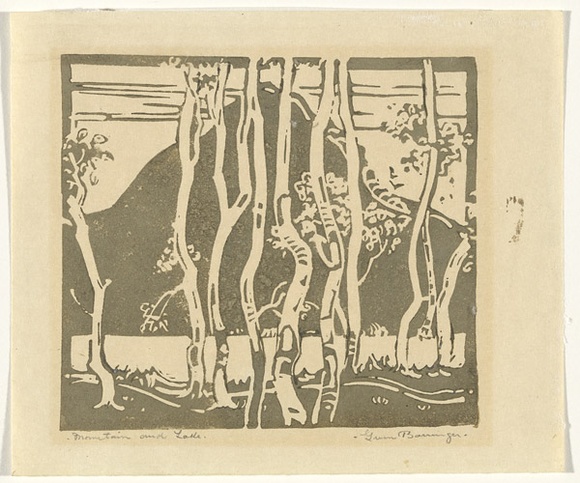Artist: b'Barringer, Gwen' | Title: b'Mountain and Lake.' | Date: 1930s | Technique: b'linocut, printed in green ink, from one block' Artist: b'Barringer, Gwen' | Title: b'Mountain and Lake.' | Date: 1930s | Technique: b'linocut, printed in green ink, from one block'
