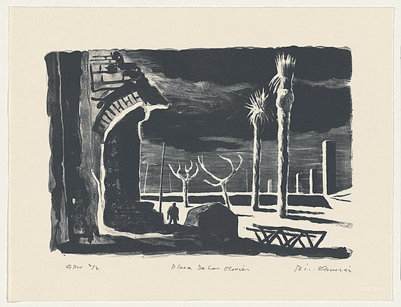 Artist: b'AMOR, Rick' | Title: b'Plaza de las Glories' | Date: 1991-92, November - January | Technique: b'lithograph, printed in black ink, from one plate' | Copyright: b'Image reproduced courtesy the artist and Niagara Galleries, Melbourne' Artist: b'AMOR, Rick' | Title: b'Plaza de las Glories' | Date: 1991-92, November - January | Technique: b'lithograph, printed in black ink, from one plate' | Copyright: b'Image reproduced courtesy the artist and Niagara Galleries, Melbourne'