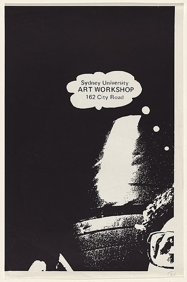 Artist: b'Arbuz, Mark.' | Title: b'Sydney University Art Workshop (top left section of a 4 part poster).' | Date: 1975 | Technique: b'screenprint, printed in black ink, from one stencil' Artist: b'Arbuz, Mark.' | Title: b'Sydney University Art Workshop (top left section of a 4 part poster).' | Date: 1975 | Technique: b'screenprint, printed in black ink, from one stencil'