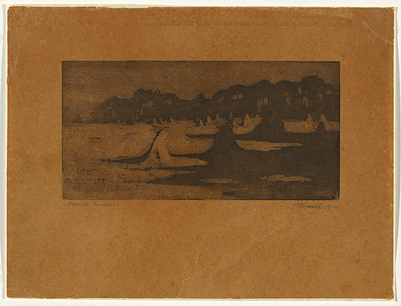 Artist: b'Traill, Jessie.' | Title: b'Moonlit harvest' | Date: 1914 | Technique: b'aquatint, etching printed in brown ink with plate-tone, from one plate' Artist: b'Traill, Jessie.' | Title: b'Moonlit harvest' | Date: 1914 | Technique: b'aquatint, etching printed in brown ink with plate-tone, from one plate'