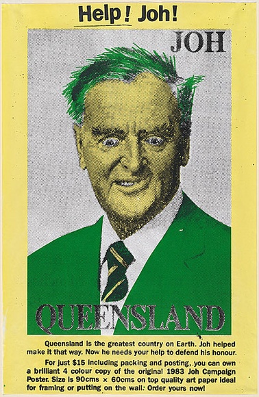 Artist: b'Inkahoots Ltd.' | Title: b'Help! Joh!.' | Date: 1991 | Technique: b'screenprint, printed in colour, from three stencils (green, black and yellow inks)' Artist: b'Inkahoots Ltd.' | Title: b'Help! Joh!.' | Date: 1991 | Technique: b'screenprint, printed in colour, from three stencils (green, black and yellow inks)'