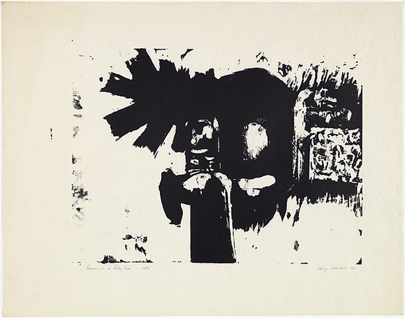 Artist: b'Warren, Guy.' | Title: b'Possum in a palm tree' | Date: 1963 | Technique: b'screenprint, printed in black ink, from one stencil' Artist: b'Warren, Guy.' | Title: b'Possum in a palm tree' | Date: 1963 | Technique: b'screenprint, printed in black ink, from one stencil'