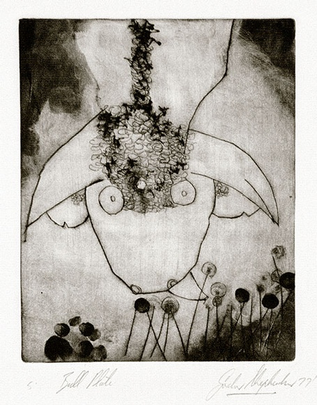 Artist: b'Shepherdson, Gordon.' | Title: b'The second plate (The bull plate). 5' | Date: 1977 | Technique: b'drypoint, printed as monotype, from one plate' Artist: b'Shepherdson, Gordon.' | Title: b'The second plate (The bull plate). 5' | Date: 1977 | Technique: b'drypoint, printed as monotype, from one plate'