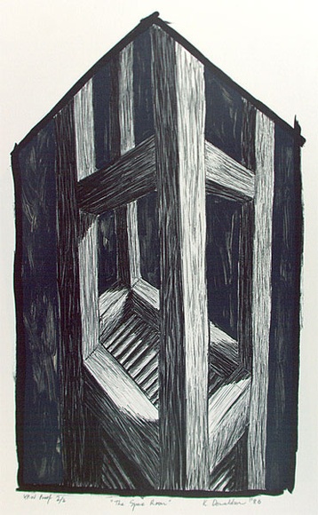 Artist: b'Donaldson, Kim.' | Title: b'The spare room' | Date: 1986 | Technique: b'lithograph, printed in black and transparent white, from two stones' | Copyright: b'\xc2\xa9 Kim Donaldson. Licensed by VISCOPY, Australia' Artist: b'Donaldson, Kim.' | Title: b'The spare room' | Date: 1986 | Technique: b'lithograph, printed in black and transparent white, from two stones' | Copyright: b'\xc2\xa9 Kim Donaldson. Licensed by VISCOPY, Australia'
