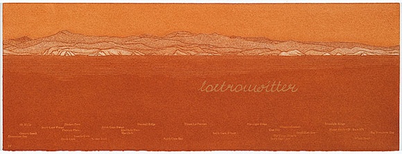 Artist: b'MADDOCK, Bea' | Title: b'Terra Spiritus...with a darker shade of pale' | Date: 1993-98 | Technique: b'stencil print, printed in hand-ground Launceston ochre from multiple hand-cut mylar stencils; letterpress text blind printed; hand-drawn script' Artist: b'MADDOCK, Bea' | Title: b'Terra Spiritus...with a darker shade of pale' | Date: 1993-98 | Technique: b'stencil print, printed in hand-ground Launceston ochre from multiple hand-cut mylar stencils; letterpress text blind printed; hand-drawn script'