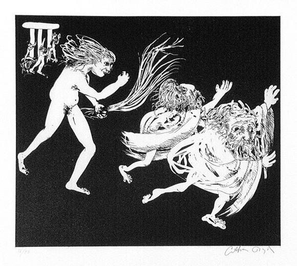 Artist: b'BOYD, Arthur' | Title: b'The women driving the old men away.' | Date: 1970 | Technique: b'etching and aquatint, printed in black ink, from one plate' Artist: b'BOYD, Arthur' | Title: b'The women driving the old men away.' | Date: 1970 | Technique: b'etching and aquatint, printed in black ink, from one plate'
