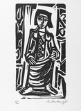 Artist: Armstrong, Ian. | Title: (Enthroned figure). | Date: 1977 | Technique: woodcut, printed in black ink, from one block