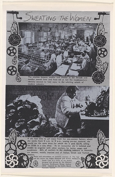 Artist: bWomen's Domestic Needlework Group. | Title: b'Sweating the women' | Date: 1979 | Technique: b'screenprint, printed in colour, from multiple stencils' Artist: bWomen's Domestic Needlework Group. | Title: b'Sweating the women' | Date: 1979 | Technique: b'screenprint, printed in colour, from multiple stencils'