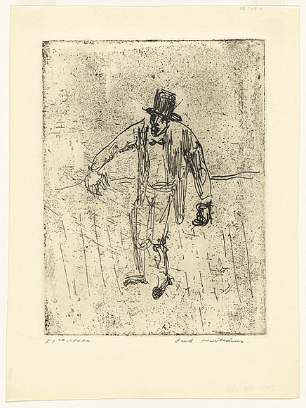 Artist: b'WILLIAMS, Fred' | Title: b'Performer in a top hat' | Date: 1955-56 | Technique: b'etching and foul biting, printed in black ink, from one zinc plate' | Copyright: b'\xc2\xa9 Fred Williams Estate' Artist: b'WILLIAMS, Fred' | Title: b'Performer in a top hat' | Date: 1955-56 | Technique: b'etching and foul biting, printed in black ink, from one zinc plate' | Copyright: b'\xc2\xa9 Fred Williams Estate'