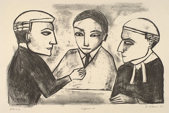 Artist: b'Dickerson, Robert.' | Title: b'Conference' | Date: 1990 | Technique: b'lithograph, printed in black ink, from one stone' Artist: b'Dickerson, Robert.' | Title: b'Conference' | Date: 1990 | Technique: b'lithograph, printed in black ink, from one stone'