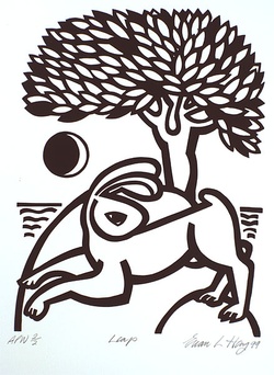 Artist: Heng, Euan. | Title: Leap | Date: 1999, August | Technique: linocut, printed in black ink, from one block