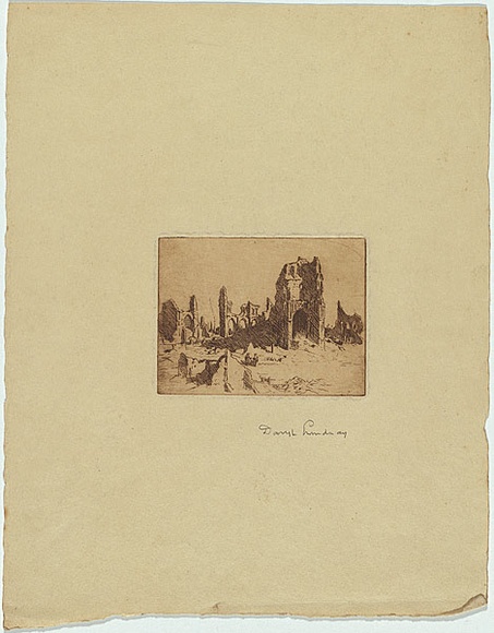 Artist: b'Lindsay, Daryl.' | Title: b'(Bombed church).' | Date: c.1920 | Technique: b'etching, printed in brown ink, from one plate' Artist: b'Lindsay, Daryl.' | Title: b'(Bombed church).' | Date: c.1920 | Technique: b'etching, printed in brown ink, from one plate'