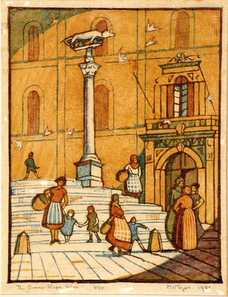 Artist: b'Syme, Eveline' | Title: b'The Duomo steps, Siena' | Date: 1931 | Technique: b'linocut, printed in colour, from four blocks (yellow ochre, vermillion, cerulean blue, raw umber)' Artist: b'Syme, Eveline' | Title: b'The Duomo steps, Siena' | Date: 1931 | Technique: b'linocut, printed in colour, from four blocks (yellow ochre, vermillion, cerulean blue, raw umber)'
