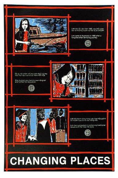 Artist: bTHE MULTICULTURAL WOMEN'S POSTER PROJECT | Title: b'Changing places' | Date: 1988 | Technique: b'screenprint, printed in colour, from multiple stencils' Artist: bTHE MULTICULTURAL WOMEN'S POSTER PROJECT | Title: b'Changing places' | Date: 1988 | Technique: b'screenprint, printed in colour, from multiple stencils'
