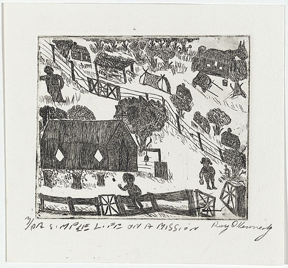Artist: b'Kennedy, Roy.' | Title: b'A simple life on a mission' | Date: 2001 | Technique: b'etching, printed in black ink, from one plate' Artist: b'Kennedy, Roy.' | Title: b'A simple life on a mission' | Date: 2001 | Technique: b'etching, printed in black ink, from one plate'