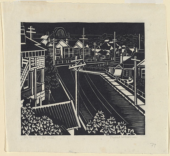 Artist: b'Cornish, Muriel.' | Title: b'The corner of the street.' | Date: 1936 | Technique: b'linocut, printed in black ink, from one block' Artist: b'Cornish, Muriel.' | Title: b'The corner of the street.' | Date: 1936 | Technique: b'linocut, printed in black ink, from one block'