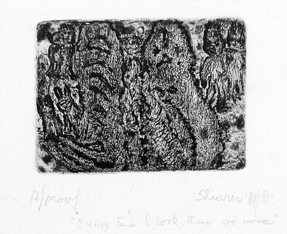 Artist: b'Shearer, Mitzi.' | Title: b'Every time I look there are more' | Date: 1991 | Technique: b'etching, printed in black ink with plate-tone, from one plate; blue felt-tipped pen'