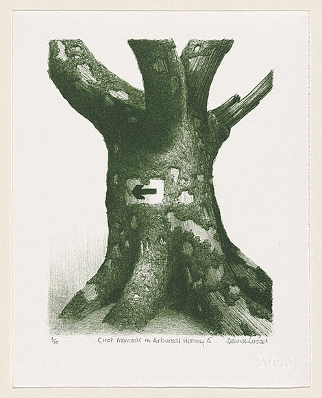 Artist: b'Russell,, Deborah.' | Title: b'Great moments in Arboreal history II' | Date: 1999 | Technique: b'lithograph, printed in green ink, from one plate' Artist: b'Russell,, Deborah.' | Title: b'Great moments in Arboreal history II' | Date: 1999 | Technique: b'lithograph, printed in green ink, from one plate'
