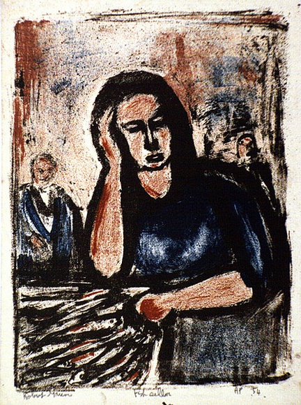 Artist: b'Grieve, Robert.' | Title: b'Fish seller' | Date: 1954 | Technique: b'lithograph, printed in colour, from three stones' Artist: b'Grieve, Robert.' | Title: b'Fish seller' | Date: 1954 | Technique: b'lithograph, printed in colour, from three stones'