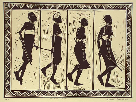 Artist: b'Alexander, Gregory.' | Title: b'Samburu Dancers' | Date: 1995, October | Technique: b'linocut, printed in black ink, from one block' Artist: b'Alexander, Gregory.' | Title: b'Samburu Dancers' | Date: 1995, October | Technique: b'linocut, printed in black ink, from one block'